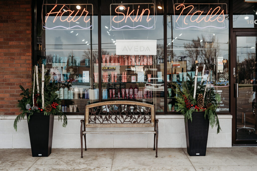 Salon Indigo in Fraser, MI A bench outside a store offers a relaxing spot to unwind before your manicure pedicure or while waiting for your hair stylist. Salon Indigo in Fraser, MI